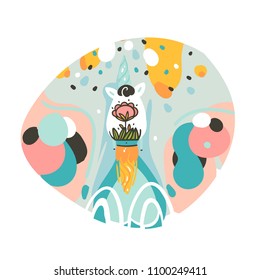 Hand drawn vector abstract graphic creative cartoon illustrations poster or print with unicorn spaceship ,comets and planets in cosmos isolated on white abstract background.