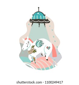 Hand drawn vector abstract graphic creative cartoon illustrations poster or print with old school tattooed horse ,aleen spaceship ,comets and planets in cosmos isolated on white abstract background.