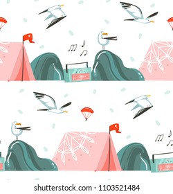 Hand drawn vector abstract graphic cartoon summer time flat illustrations seamless pattern with camping tent,record player and sea gulls isolated on white background