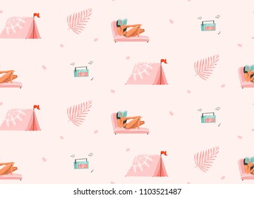 Hand drawn vector abstract graphic cartoon summer time flat illustrations seamless pattern with girls characters relax on the beach with camping tent and record player isolated on white background