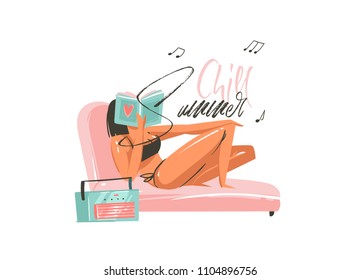 Hand drawn vector abstract graphic cartoon summer time flat illustrations print with relaxing reading girl with book,record music player and Summer Chill typography quote isolated on white background