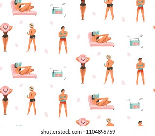 Hand drawn vector abstract graphic cartoon summer time collection flat illustrations seamless pattern with boys and girls characters on the beach with record music player isolated on white background