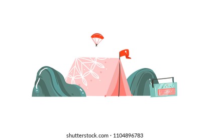 Hand drawn vector abstract graphic cartoon summer time flat illustrations border with camping tent and record player on beach scene isolated on white background