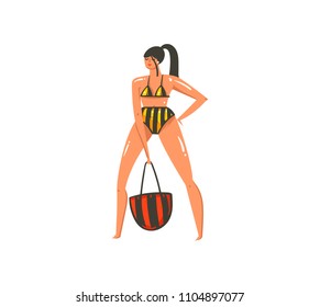 Hand drawn vector abstract graphic cartoon summer time flat illustrations print with girl isolated on white background