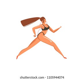Hand drawn vector abstract graphic cartoon summer time collection flat illustrations with beauty running girl character in bikini on the beach isolated on white background.