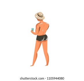 Hand drawn vector abstract graphic cartoon summer time collection flat illustrations with young man character on the beach isolated on white background.