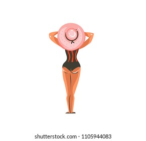 Hand drawn vector abstract graphic cartoon summer time collection flat illustrations with beauty girl character with cute hat on the beach isolated on white background.