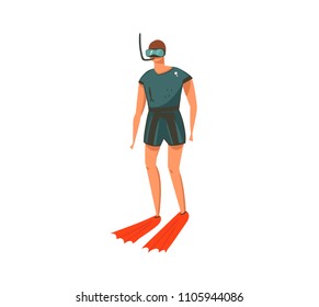 Hand drawn vector abstract graphic cartoon summer time collection flat illustrations with diving man character on the beach isolated on white background.