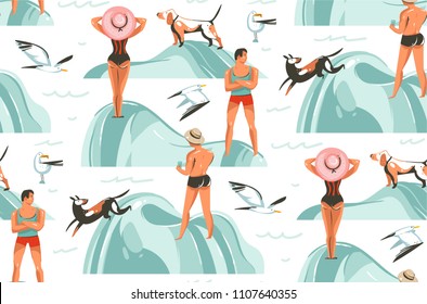 Image vectorielle dessinée à la main bande dessinée abstraite, ensemble d'illustrations à plat, motif harmonieux de garçons et de filles personnages sur la plage avec mouettes de mer et chien isolé sur fond blanc