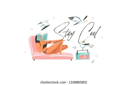 Hand drawn vector abstract graphic cartoon summer time flat illustrations print with relaxing reading girl with book,record music player and Stay Cool typography quote isolated on white background