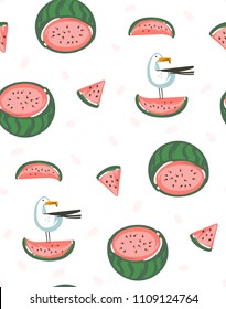 Hand drawn vector abstract graphic cartoon summer time flat illustrations seamless pattern with watermelons isolated on white background