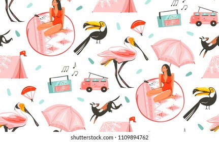 Hand drawn vector abstract graphic cartoon summer time flat illustrations seamless pattern with camping tent,dog,toucan,record player,car and beauty girl under umbrella isolated on white background