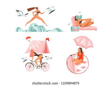 Hand drawn vector abstract graphic cartoon summer time flat illustrations collection set with beauty sport girls,relaxing,running and ridding on bike isolated on white background