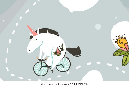 Hand drawn vector abstract graphic creative cartoon illustrations card template with astronaut flying horse with old school tattoo,stars and planets in cosmos galaxy isolated on pastel background
