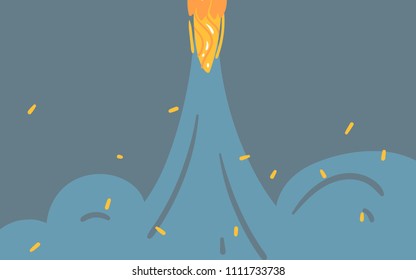 Hand drawn vector abstract graphic creative cartoon illustrations card template with spaceship in cosmos galaxy isolated on blue pastel background