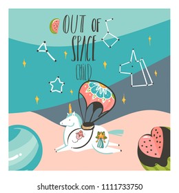 Hand drawn vector abstract graphic creative cartoon illustrations card template with astronaut unicorn with tattoo, planets in cosmos with Out Of Space calligraphy isolated on pastel background