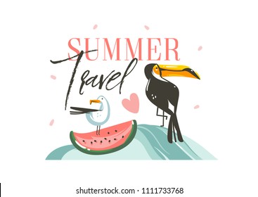 Hand drawn vector abstract graphic cartoon summer time flat illustrations sign with tropical birds toucan and watermelon and typography quote Summer Travel isolated on white background