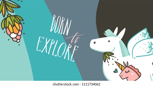 Hand drawn vector abstract graphic creative cartoon illustrations card template with unicorn with tattoo, planets in cosmos with Born to Explore calligraphy isolated on pastel background