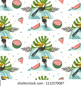 Hand drawn vector abstract graphic cartoon summer time flat illustrations seamless pattern with tropical birds toucan,beach scene,watermelons and palm leaves isolated on white background