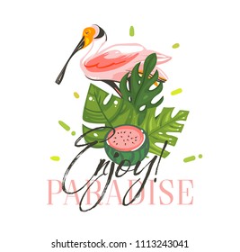 Hand drawn vector abstract graphic cartoon summer time flat illustrations sign with tropical birds ,tropical palm leaves ,watermelon and Enjoy Paradise typography quote isolated on white background