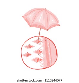 Hand drawn vector abstract graphic cartoon summer time flat illustrations with pink pastel colored beach umbrella and bohemian carpet isolated on white background