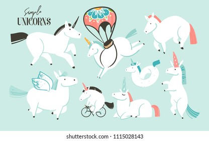 Hand drawn vector abstract graphic creative cartoon illustrations art collection set with white unicorns,pony and pegasus isolated on blue background