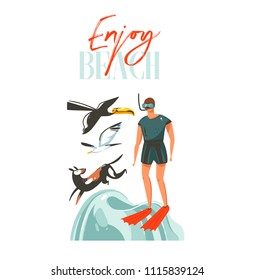 Hand drawn vector abstract graphic cartoon summer time flat illustrations sign with diving boy,dog,toucan bird and Enjoy Beach typography quote isolated on white background