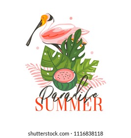 Hand drawn vector abstract graphic cartoon summer time flat illustrations sign with tropical birds ,tropical palm leaves ,watermelon and Paradise Summer typography quote isolated on white background