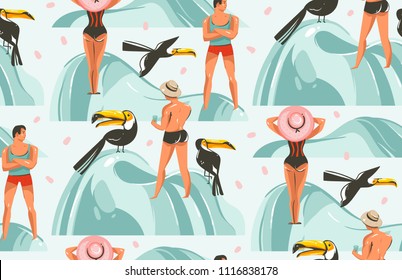 Hand drawn vector abstract graphic cartoon summer time flat illustrations seamless pattern with boys and girls characters on the beach with tropical toucan birds isolated on white background