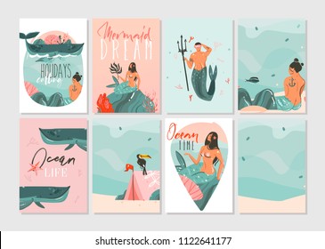 Hand drawn vector abstract graphic cartoon summer time flat illustrations cards template collection set with beach people,mermaid and whale,sunset and tropical birds isolated on white background