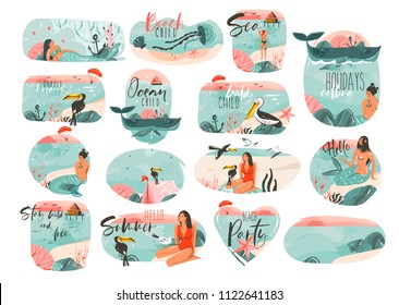 Hand drawn vector abstract graphic cartoon summer time flat illustrations sign big collection set with girl,mermaid,camping tent,toucan birds and typography quotes isolated on white background