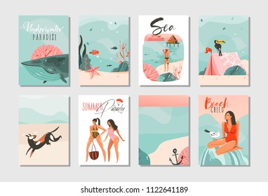 Hand drawn vector abstract graphic cartoon summer time flat illustrations cards template collection set with beach people,mermaid and whale,sunset and tropical birds isolated on white background