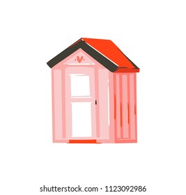 Hand drawn vector abstract graphic cartoon summer time flat illustration with pink beach cabin isolated on white background