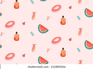Hand drawn vector abstract graphic cartoon summer time flat illustrations seamless patterns with cocktails,float rings ans beach people isolated on pink pastel background