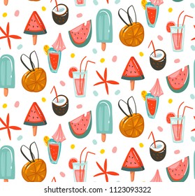 Hand drawn vector abstract graphic cartoon summer time flat illustrations seamless patterns with cocktails,watermelons and ice cream isolated on white background