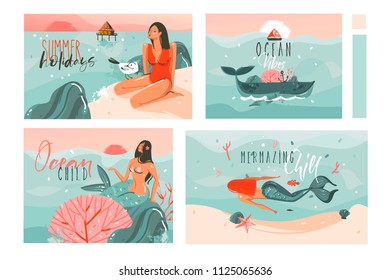 Hand drawn vector abstract graphic cartoon summer time flat illustrations cards template collection set with beach people,mermaid and whale,sunset and tropical birds isolated on white background