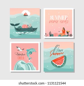 Hand drawn vector abstract graphic cartoon summer time flat illustrations cards template collection set with beach people, and whale,sunset and tropical birds isolated on white background