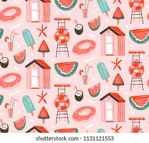 Hand drawn vector abstract graphic cartoon summer time flat illustrations seamless patterns with cocktails,watermelons float and ice cream and beach cabin isolated on pink pastel background