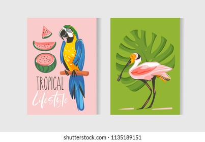 Hand drawn vector abstract graphic cartoon summer time flat illustrations cards template collection set with beach ,sunset,watermelon and tropical birds isolated on white background