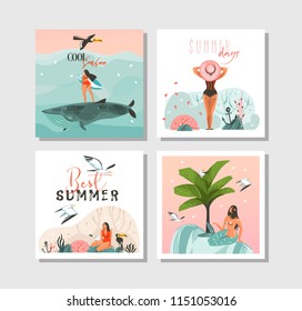 Hand drawn vector abstract graphic cartoon summer time flat illustrations cards template collection set with beach people,mermaid and whale,sunset and tropical birds isolated on white background