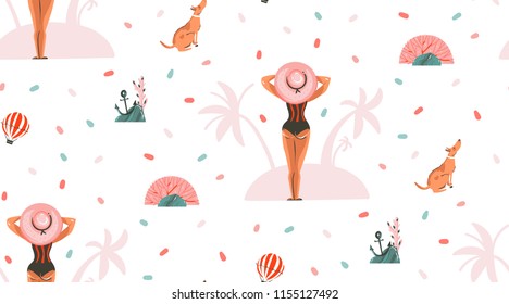 Hand drawn vector abstract graphic cartoon summer time flat illustrations seamless patterns with girl and dog on the summer beach isolated on pink pastel background