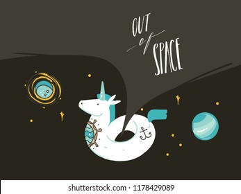 Hand drawn vector abstract graphic creative artistic cartoon illustrations poster background with astronaut unicorns with old school tattoo,handwritten calligraphy isolated on black background