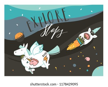 Hand drawn vector abstract graphic creative artistic cartoon illustrations poster background with astronaut pegasus with old school tattoo,handwritten calligraphy isolated on black background