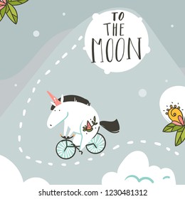 Hand drawn vector abstract graphic creative cartoon illustrations card template with astronaut flying horse with old school tattoo,stars and planets in cosmos galaxy isolated on pastel background