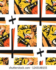 Hand drawn vector abstract graphic drawing seamless pattern of anger tiger face in orange colors isolated on white background.Hand made exotic sketch collage illustration.Wild soul concep