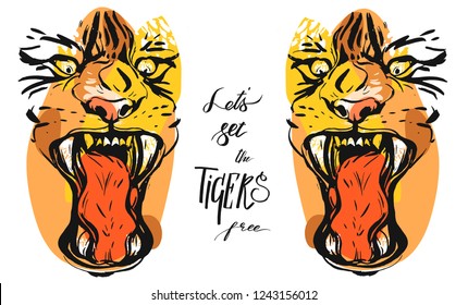 Hand drawn vector abstract graphic sketch ink drawing of tigers faces in orange colors isolated on black background with handwritten calligraphy quote Lets set the tigers free