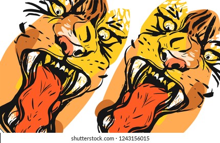 Hand drawn vector abstract graphic freehand textured sketch ink drawing of tigers faces in orange colors collage isolated on white background