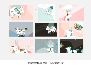 Hand drawn vector abstract graphic creative cartoon illustrations cards collection set template with astronaut unicorns with old school tattoo,planets and spaceship isolated on pastel background