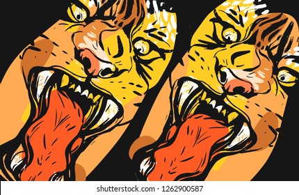Hand drawn vector abstract graphic freehand textured sketch ink drawing of tigers faces in orange colors collage isolated on black background.