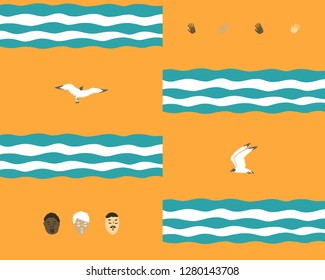Hand drawn vector abstract graphic cartoon summer time collection flat illustrations seamless pattern with boys at the sunset at sea with sea gulls and hands isolated on yellow background.